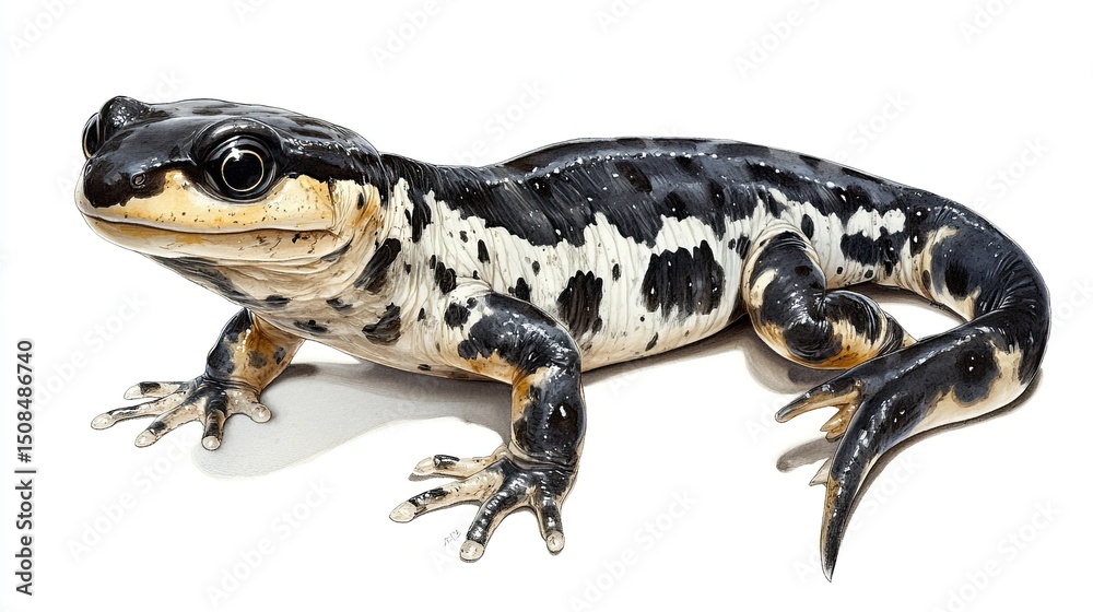Obraz premium A close up of a black and white salamander with visible toes on a white background studio shot