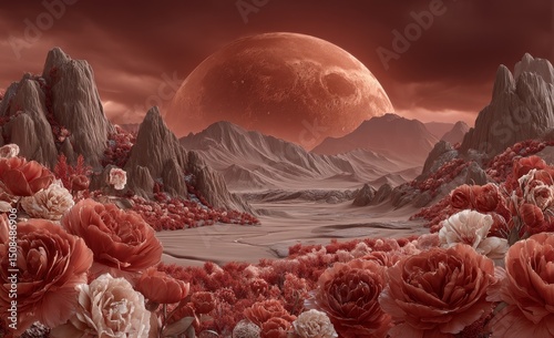 A dreamlike scenery characterized by colossal, extraterrestrial mountains and a serpentine river, bathed in the radiant light of a resplendent dusk photo