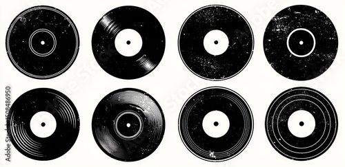 Vintage vinyl records and gramophone discs are reimagined with trendy halftone stipple elements, a photocopy effect, and grunge punk dotted stickers for collage, resulting in modern retro