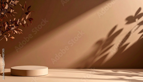 Minimal beige product display pedestal with dried branches and shadows, neutral background for branding mockup