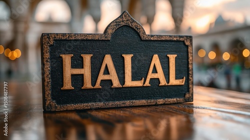 Close-up of a dark wooden Halal sign on a table, with a blurred background of an ornate building at sunset.