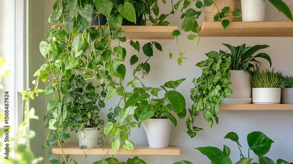 Fototapeta premium Lush indoor greenery, Potted plants cascading from shelves, bringing nature inside