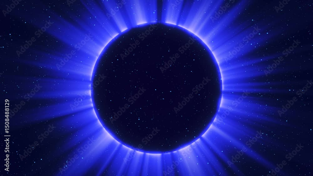 Abstract animation of a total solar eclipse - an astronomical phenomenon. Dynamics of a total solar eclipse in colorful tones. A huge black hole in the center of the galaxy. 3D render. 4K animation