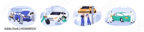 Set of automobile maintenance station. Repairmen fix breakdown, painting cars in garage. Auto electricians do diagnosis, work under hood in tire service. Flat isolated vector illustrations on white