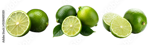 Fresh lime slice and half isolated cut out transparent background