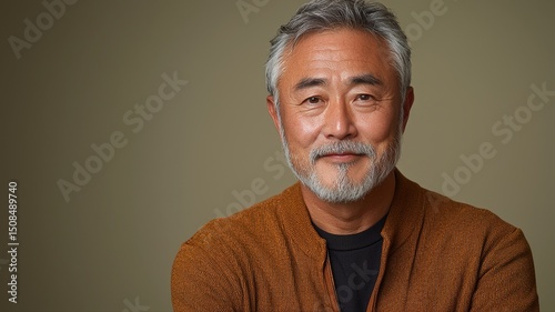 Relaxed Studio Portrait of a Smiling Southeast Asian Father with Gray Beard and Warm Expression