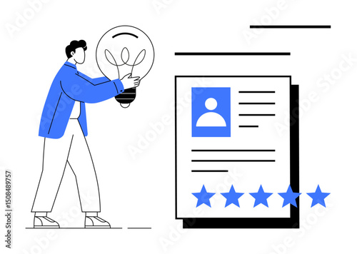 Man holding light bulb symbolizing idea next to document with profile and five-star rating. Ideal for creativity, innovation, recruitment, feedback, evaluation, achievements, personal branding. Flat