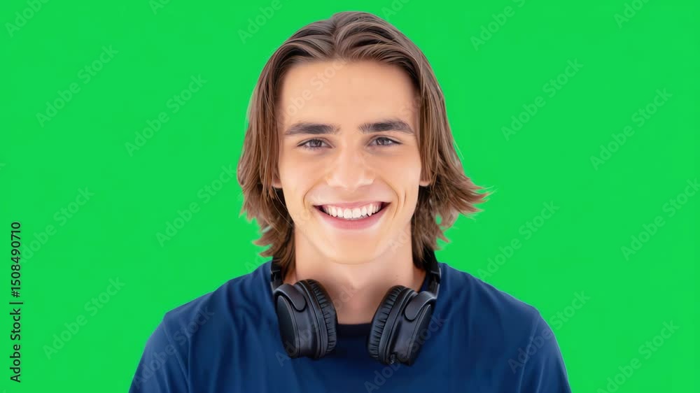 Smiling young man with long hair wearing headphones around neck against chroma key green background for themes of music, youth culture, lifestyle, digital content, and visual editing projects