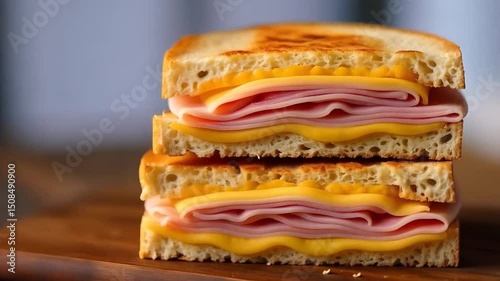 Delicious toasted sandwich stuffed with cheddar cheese and sliced ham