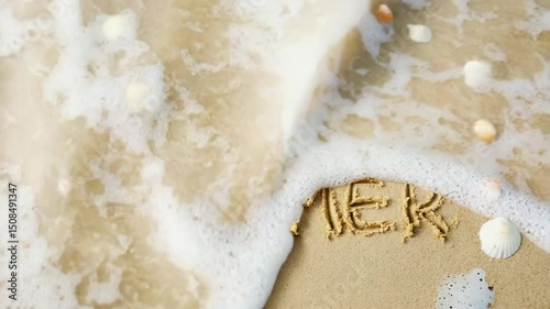 Bye summer text written in beach sand with sea foam, seashells and starfish, end of season farewell, tropical vacation memory, coastal relaxation, nature transition scene photo
