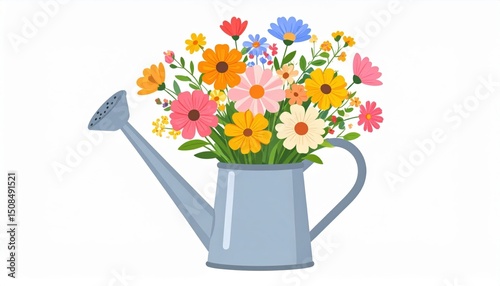 Colorful Flowers In A Watering Can