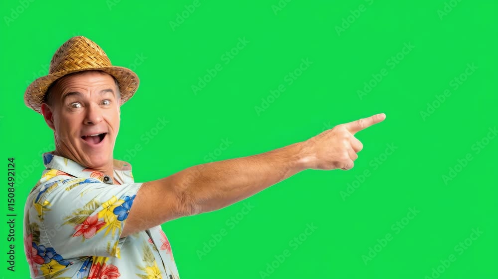 Cheerful man in tropical shirt and straw hat pointing excitedly to the side against chroma key green background for themes of vacation, summer travel, promotions, and digital content editing