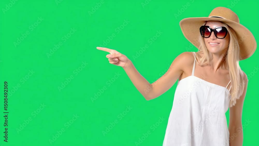 Woman in white summer dress, wide-brim hat, and sunglasses pointing to the side against chroma key green background for themes of vacation, travel, summer promotion, and digital editing use