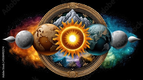 Celestial bodies in ornate frame