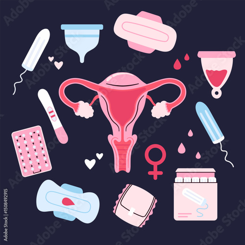 Set of Women Menstruation Element Flat Illustration Including pads, tampon, pills, menstrual cups, pregnancy test etc
