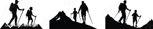 Father and Son Hiking Silhouette on Mountain Trail Vector Art.