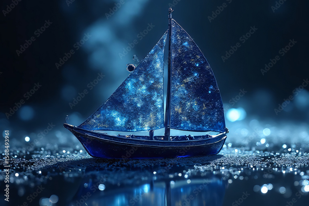 Fototapeta premium A solitary sailing ship cruises through the night ocean, its white sails catching the light against dark waves, a classic nautical travel symbol