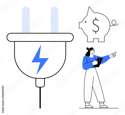 Oversized plug with lightning bolt, piggy bank symbolizing savings, woman holding tablet pointing. Ideal for energy efficiency, cost management, technology, sustainability, financial goals