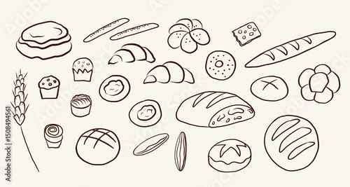 Bakery products pastry vector doodle on isolated background. Hand drawn sketch bread, loaf, bagel, croissant, muffin, pancakes, cake, bun, cheesecake, éclairs, donut, ear wheat. Food, bakeshop, menu