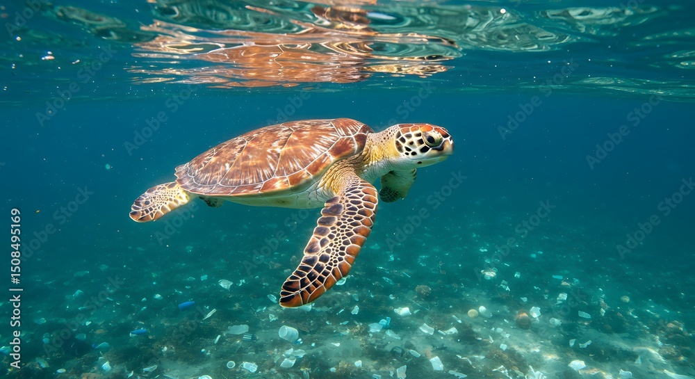 Obraz premium Sea Turtle Swimming in a Polluted Ocean: A Plea for Marine Conservation