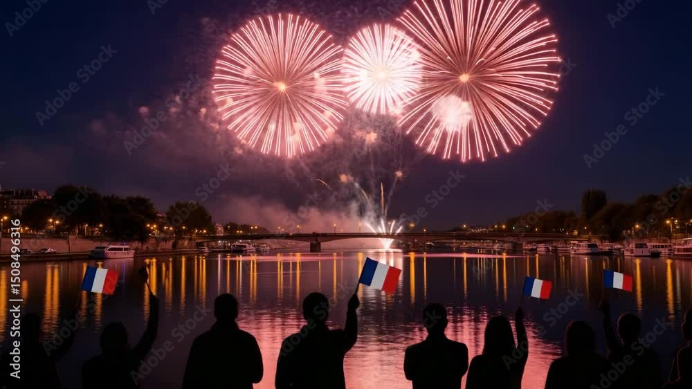 Feu d'artifice en France au-dessus de la rivière avec des silhouettes de personnes tenant des drapeaux français - La Fête nationale