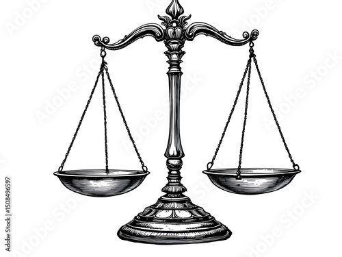 A detailed monochrome illustration of an antique scales of justice on a black background drawing attention isolated with white background