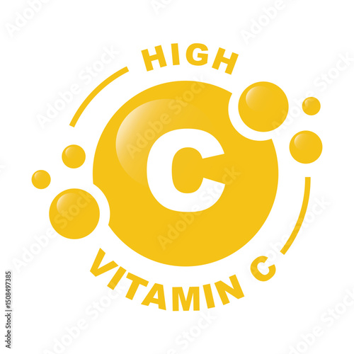High content of vitamin C, atom structure with inscription - vector, icon.
