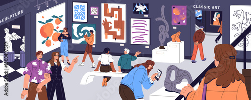 People walk in gallery of modern abstract art. Men and women are looking at exhibits on exposition. Excursion in contemporary paintings' exhibition in artwork museum. Flat vector illustration