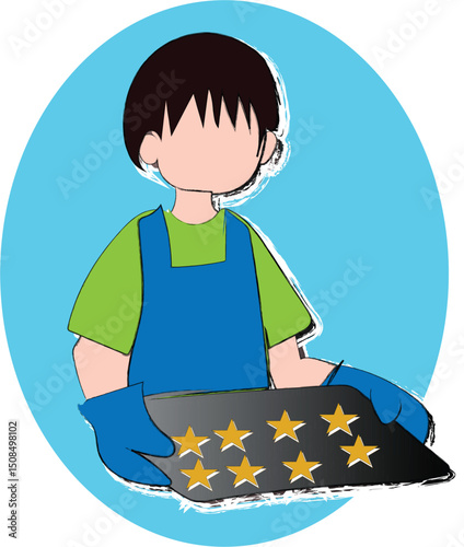 a cartoon illustration of a person wearing an apron and gloves, holding a baking sheet with star-shaped cookies