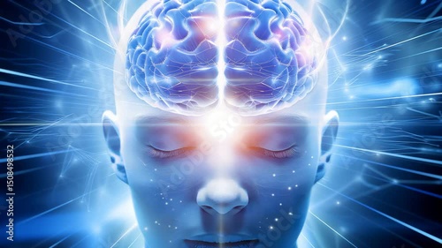 AI consciousness vision,Futuristic brain activation with glowing energy, futuristic brain connection in digital light, futuristic brain focus with third eye energy,AI consciousness vision