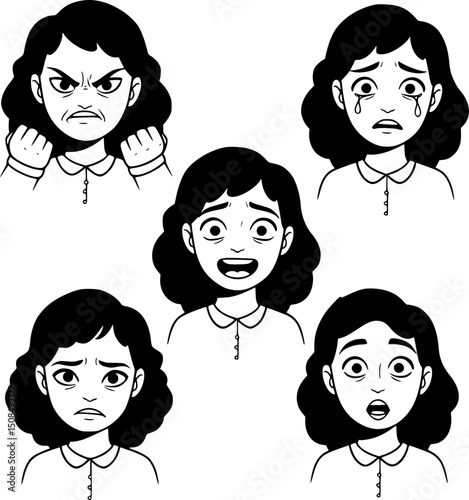 Vector illustration of a cartoon girl with stylish hair and various facial expressions
