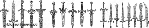 Intricate hand-drawn vector swords featuring unique designs with fantasy elements and detailed engravings
