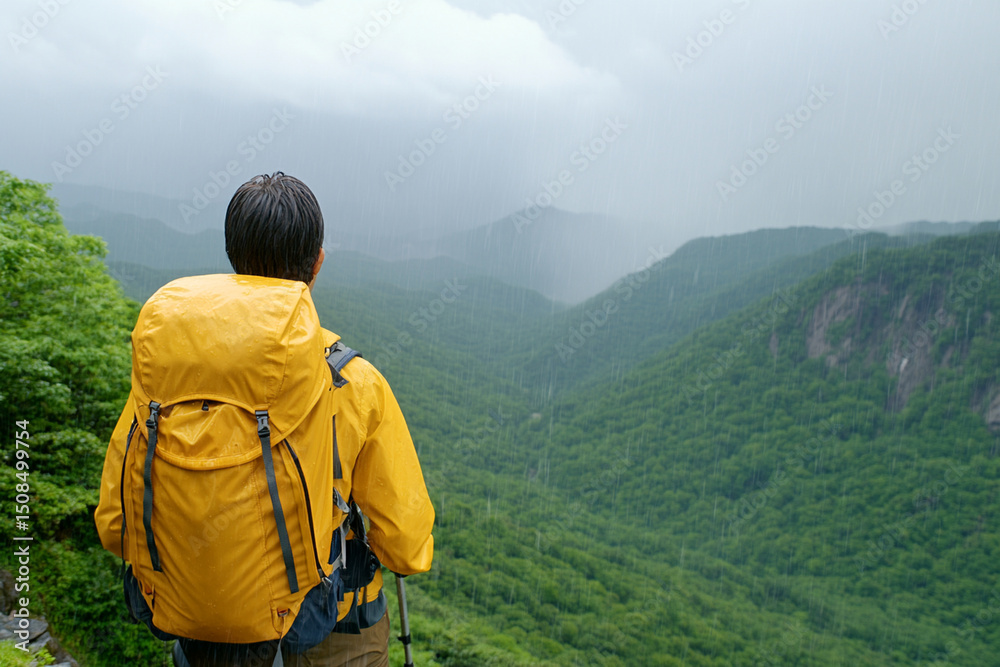 Naklejka premium Hiker struggles against heavy rain in a chaotic downpour during an adventurous trek in the wilderness