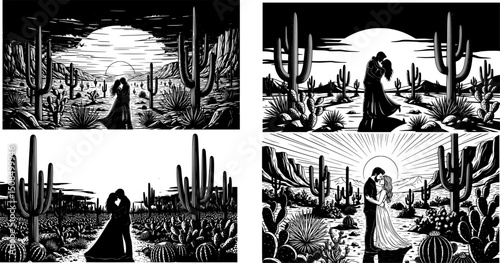 Couples in love surrounded by cacti at sunset in a romantic desert setting
