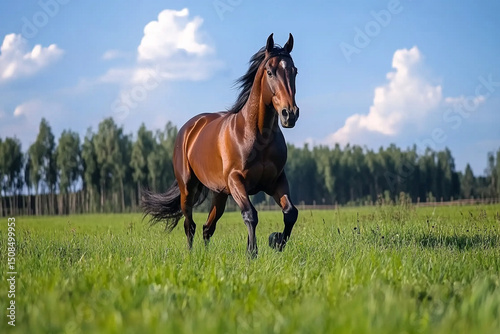 Horse gallops through a colorful meadow filled with wildflowers under a bright blue sky