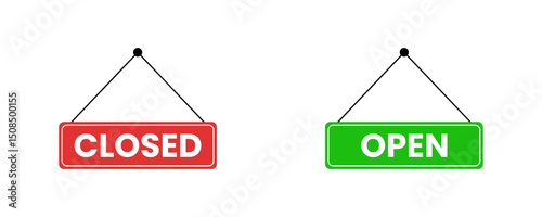 Green and red Open and Closed signs, ideal for store status, website banners or opening hours notices. Flat and clean layout.