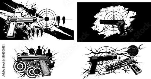 Gun pistol bullet hole silhouettes target shooting torn crack elements
