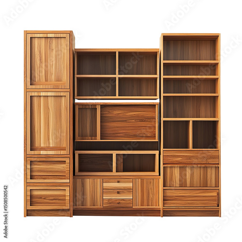 Elegant wooden cabinetry and shelving units in various styles and finishes providing versatile storage and display solutions for a modern sophisticated home interior isolated on a white background
