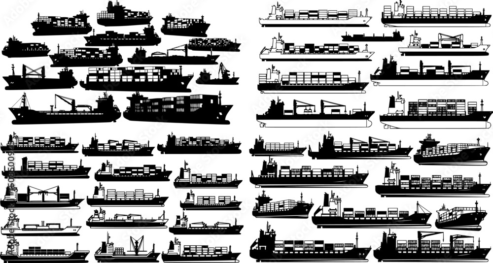 Obraz premium Collection of various ship silhouettes showcasing diverse designs and types in a cohesive arrangement 