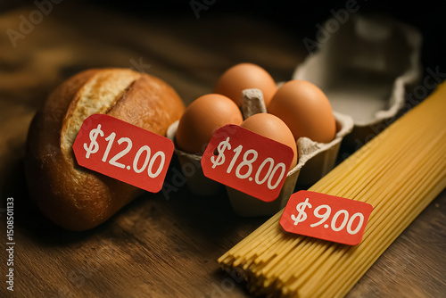 Basic groceries like bread, eggs, and pasta display outrageous price tags, emphasizing food inflation and everyday cost-of-living crisis.