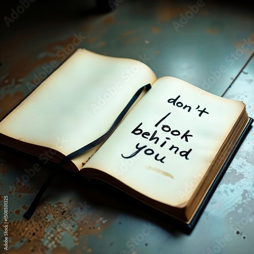 Open Notebook with “Don’t Look Behind You”  | old book with a bookmark