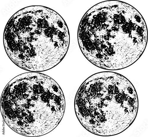 A vintage engraving illustration of the moon with intricate texture on a white background, showcasing classic celestial art in an antique style, featuring a night sky graphic in a vintage astronomy