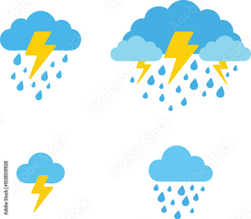Weather Icon Set – Thunderstorm, Lightning, and Rain Cloud Symbols in Flat Design
