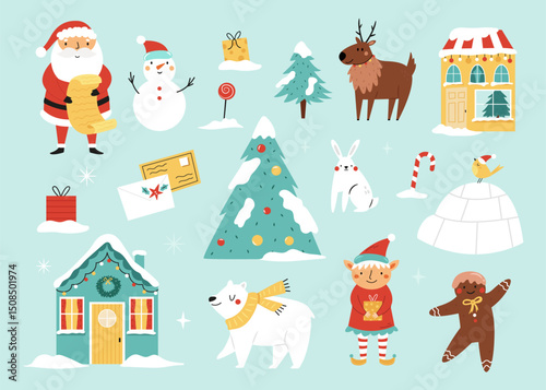 Christmas Clipart Set. Cute Winter Holiday Elements with Santa, Gingerbread Cookie, Animals and Gifts.