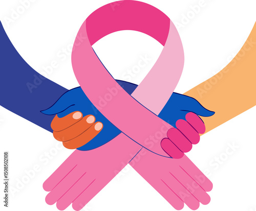 Holding hands with Pink ribbon curve. stock illustration