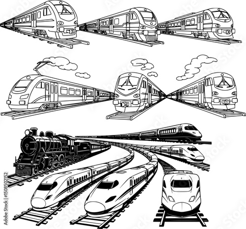 Different types of trains traveling on railway tracks with a focus on varying designs and styles
