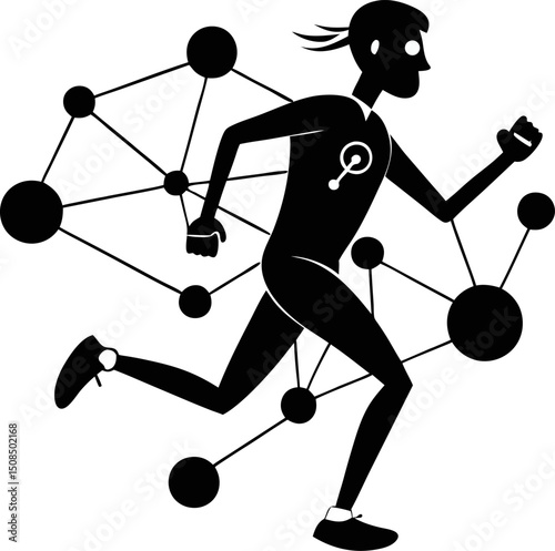 Running Man,Network connection turned into, vector illustration. stock illustration line vector vector icon , black and white , white background