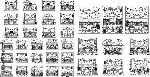 Vector illustration icons depicting outdoor dining settings by the water during sunset with seating and decorative elements
