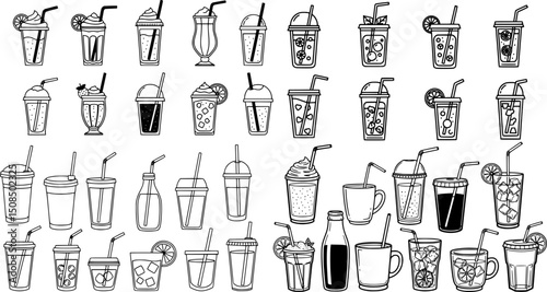 Refreshing beverage vector illustration with various styles of drinks featuring straws and lids in simple design

