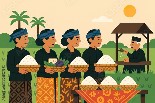 Flat style Illustration - Seren Taun Harvest Celebration in a Sundanese Village -  A colorful flat design art piece illustrates the Seren Taun harvest celebrationen in a village.